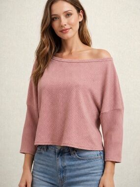 Liyohon Women’s Size L Off-Shoulder Ribbed Sweater in Dusty Rose
